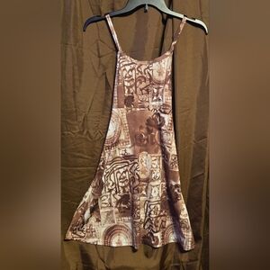 Y2K Vintage 90s Joule Brown Abstract Print Spaghetti Strap Dress Tie Back Small